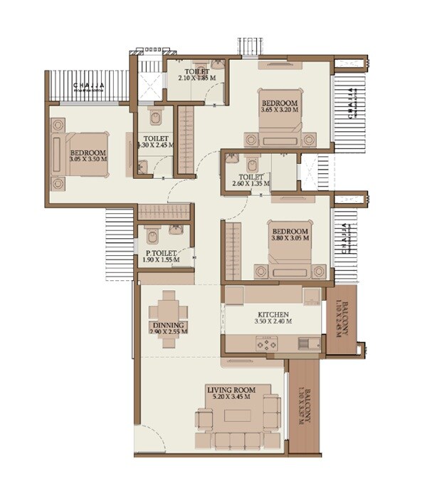 Floor plan of 3 BHK 793 Sq. Ft. Apartment in Mahalakshmi Anand One, Mumbai
