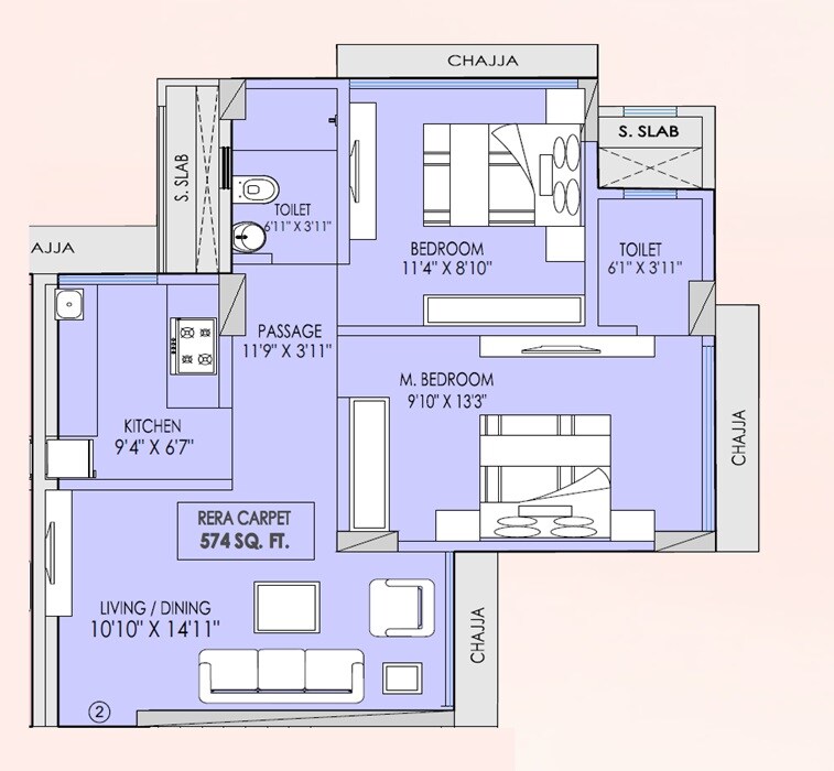 Floor plan of 2 BHK 574 Sq. Ft. Apartment in Mahant Sahyadree, Mumbai