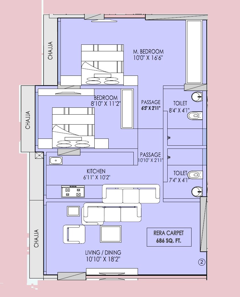 Floor plan of 2 BHK 685 Sq. Ft. Apartment in Mahant Sahyadree, Mumbai