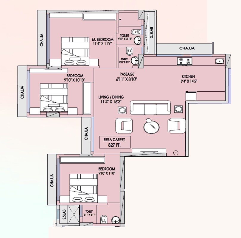 Floor plan of 3 BHK 827 Sq. Ft. Apartment in Mahant Sahyadree, Mumbai