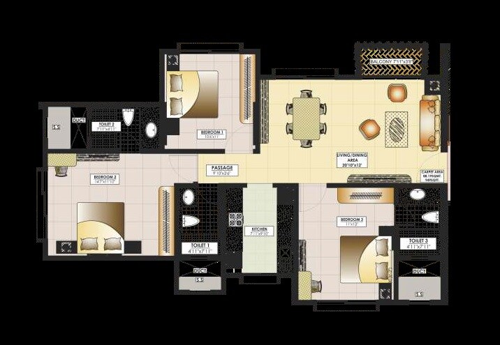 Floor plan of 3 BHK 969 Sq. Ft. Apartment in Mahavir Arham Brindavan, Mumbai