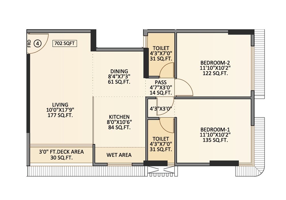 Floor plan of 2 BHK 702 Sq. Ft. Apartment in Mahavir Dynasty, Mumbai