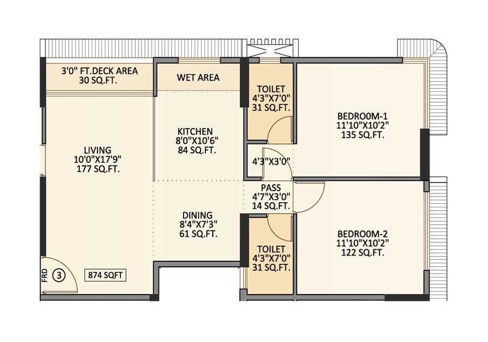 Floor plan of 3 BHK 874 Sq. Ft. Apartment in Mahavir Dynasty, Mumbai
