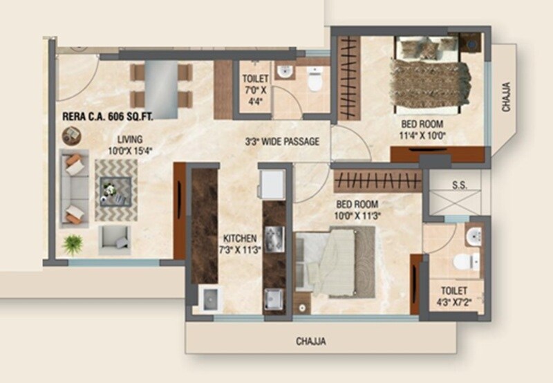 Floor plan of 2 BHK 606 Sq. Ft. Apartment in Mahavir Giirnar, Mumbai