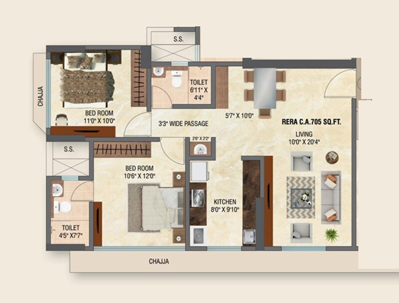 Floor plan of 2 BHK 705 Sq. Ft. Apartment in Mahavir Giirnar, Mumbai