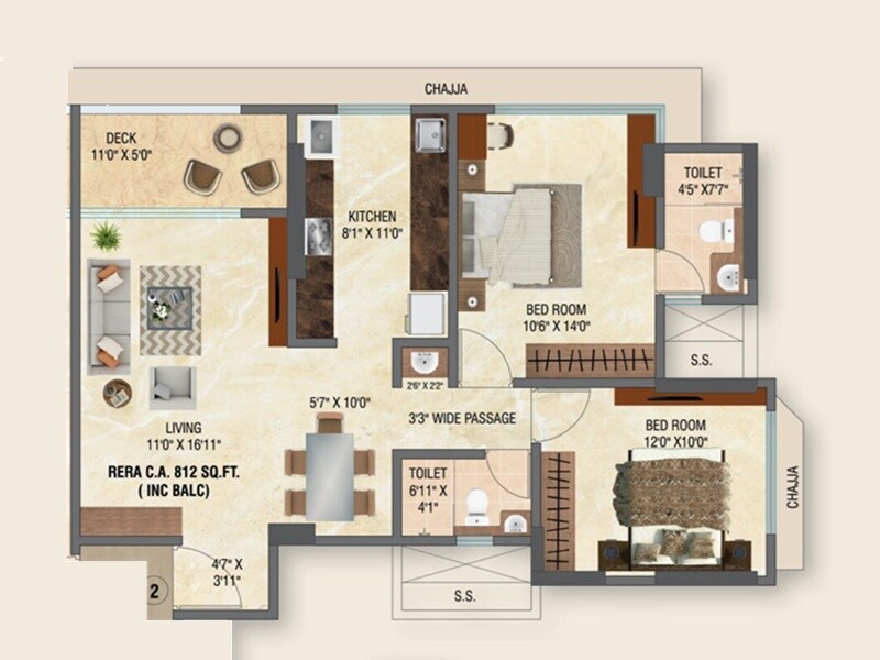 Floor plan of 2 BHK 757 Sq. Ft. Apartment in Mahavir Giirnar, Mumbai