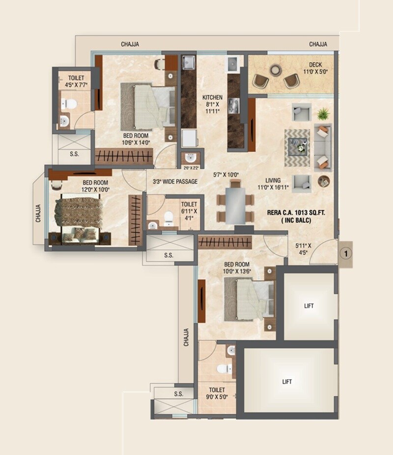 Floor plan of 3 BHK 958 Sq. Ft. Apartment in Mahavir Giirnar, Mumbai