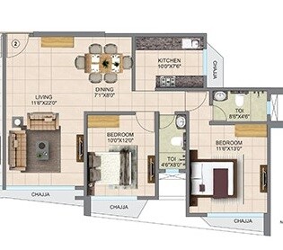 Floor plan of 2 BHK 818 Sq. Ft. Apartment in Mahavir Helicon Heights, Mumbai