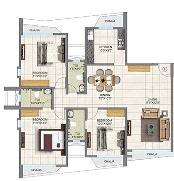 Floor plan of 3 BHK 1102 Sq. Ft. Apartment in Mahavir Helicon Heights, Mumbai