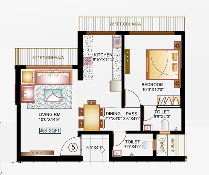 Floor plan of 1 BHK 466 Sq. Ft. Apartment in Mahavir Majesty, Mumbai