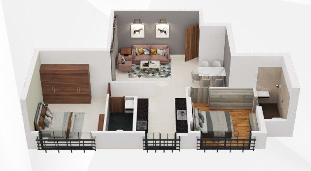 Floor plan of 2 BHK 636 Sq. Ft. Apartment in Mahavir Majesty, Mumbai