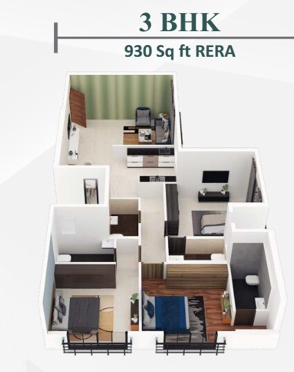 Floor plan of 3 BHK 930 Sq. Ft. Apartment in Mahavir Majesty, Mumbai