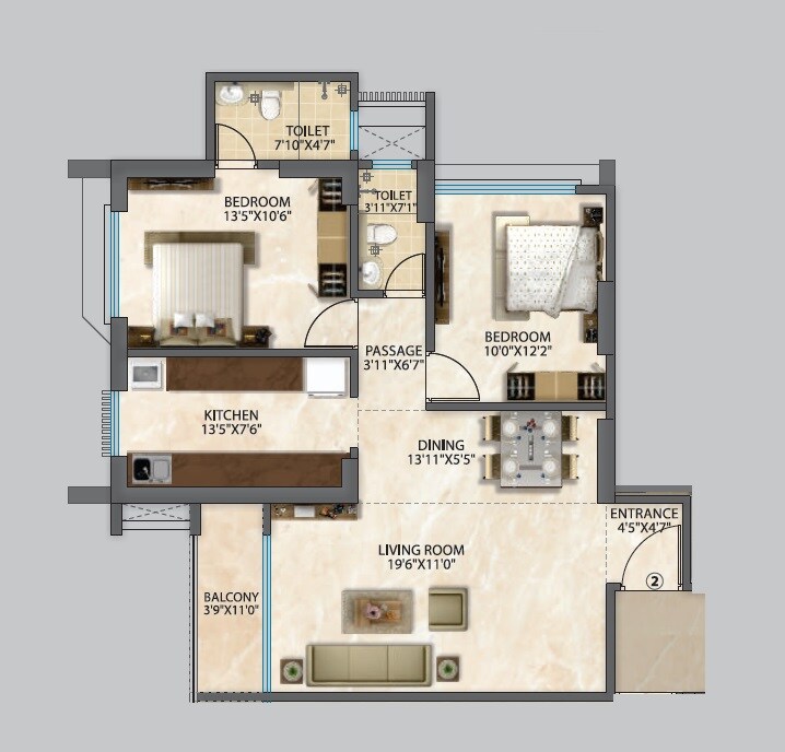 Floor plan of 2 BHK 684 Sq. Ft. Apartment in Mahavir Neelaambar, Mumbai