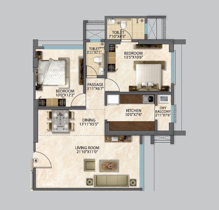 Floor plan of 2 BHK 863 Sq. Ft. Apartment in Mahavir Neelaambar, Mumbai