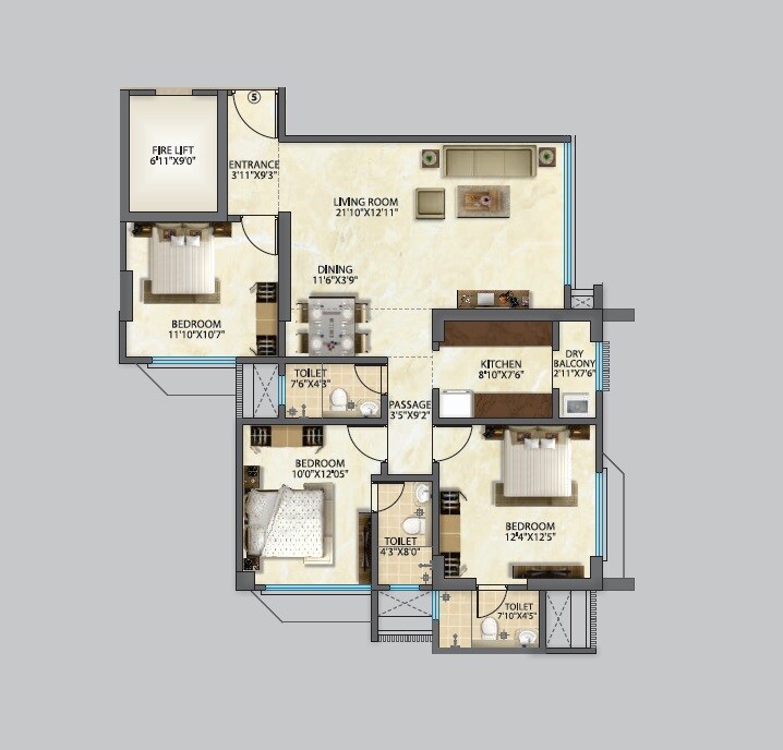 Floor plan of 3 BHK 1026 Sq. Ft. Apartment in Mahavir Neelaambar, Mumbai
