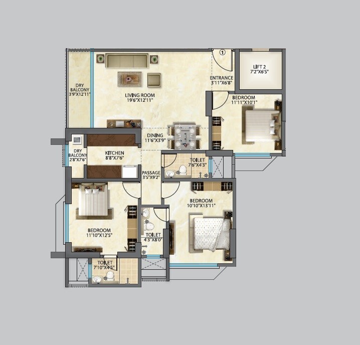 Floor plan of 3 BHK 1098 Sq. Ft. Apartment in Mahavir Neelaambar, Mumbai