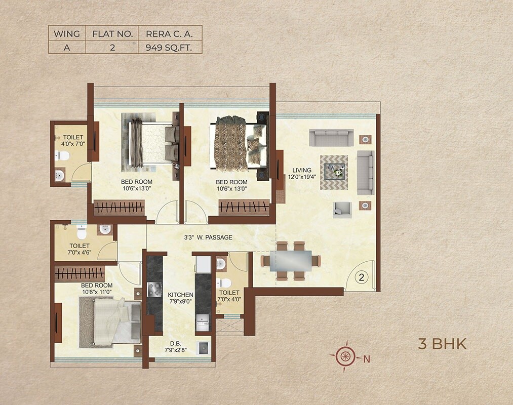 Floor plan of 3 BHK 949 Sq. Ft. Apartment in Mahavir Shikhhar, Mumbai