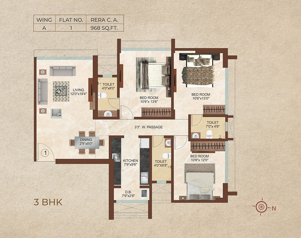 Floor plan of 3 BHK 968 Sq. Ft. Apartment in Mahavir Shikhhar, Mumbai