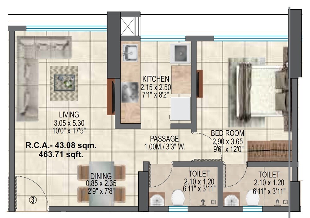 Floor plan of 1 BHK 464 Sq. Ft. Apartment in Mahavir Surylok, Mumbai