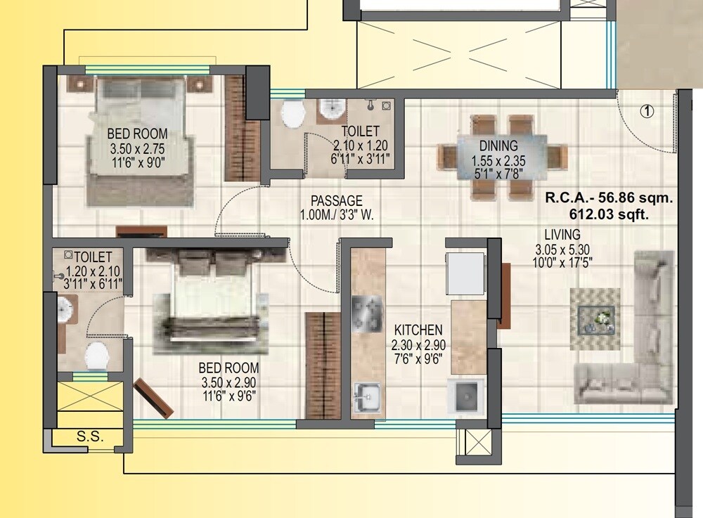 Floor plan of 2 BHK 612 Sq. Ft. Apartment in Mahavir Surylok, Mumbai