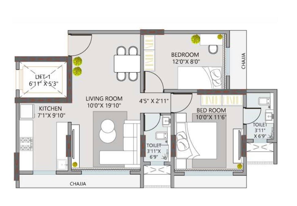 Floor plan of 2 BHK Apartment - 508 sq. ft. in Mahendra Vrishabh Heights, Mumbai