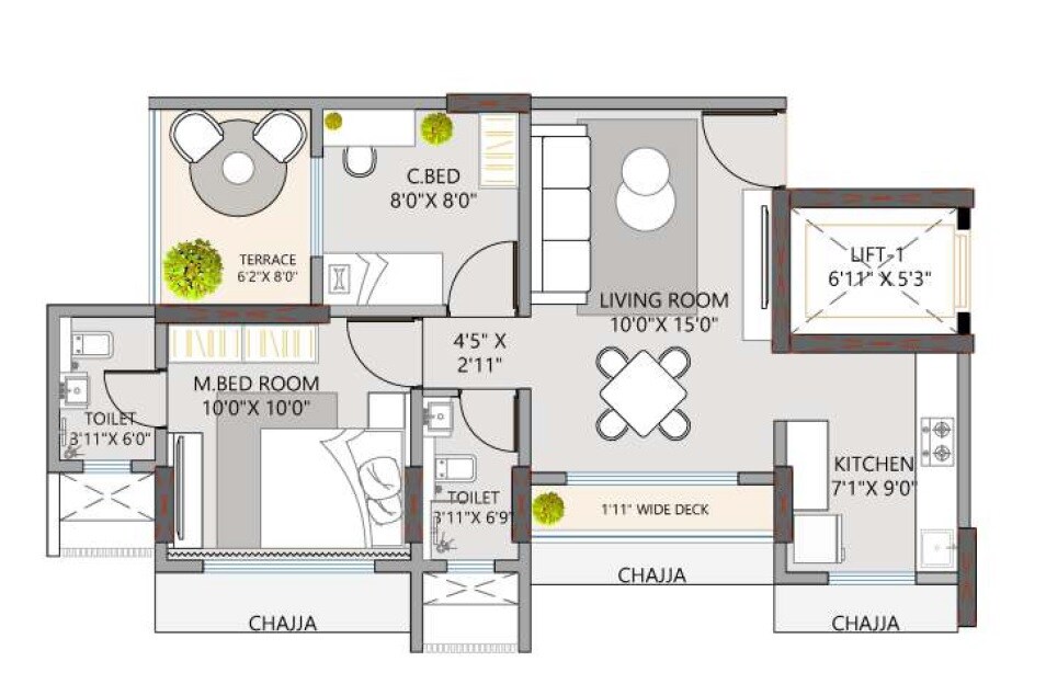 2 BHK 839 Sq. Ft. Apartment