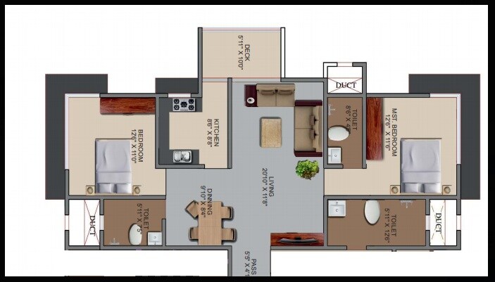 Floor plan of 2 BHK 1170 Sq. Ft. Apartment in Mahesh Ramkrishna, Mumbai