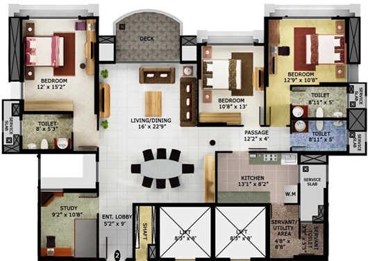 Floor plan of 3 BHK 1600 Sq. Ft. Apartment in Mahindra Eminente, Mumbai