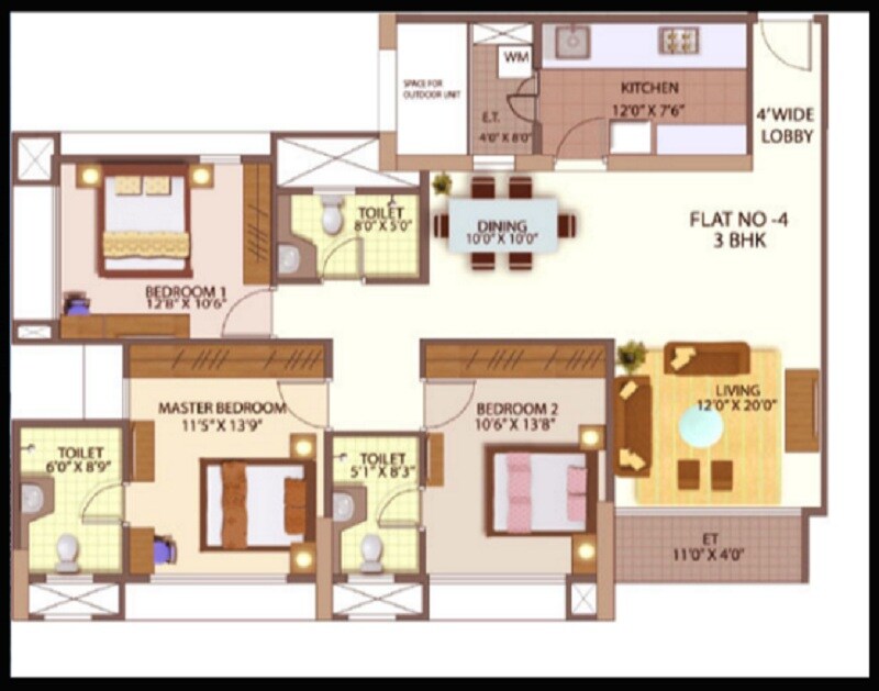 Floor plan of 3 BHK 1946 Sq. Ft. Apartment in Bhoomi Saraswati CHS, Mumbai