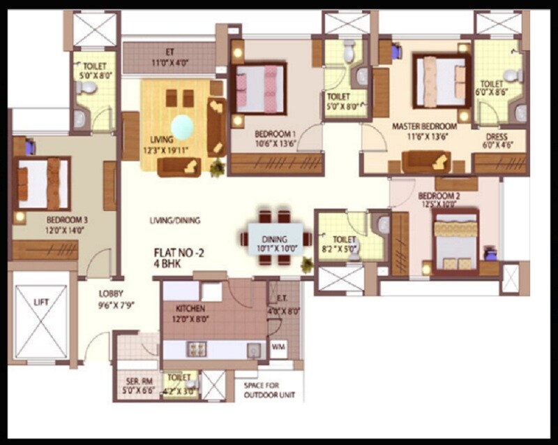 Floor plan of 4 BHK 2481 Sq. Ft. Apartment in Bhoomi Saraswati CHS, Mumbai