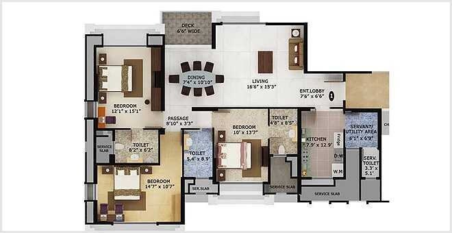 Floor plan of 3 BHK 2050 Sq. Ft. Apartment in Mahindra Lifespace Eminente Aspen, Mumbai