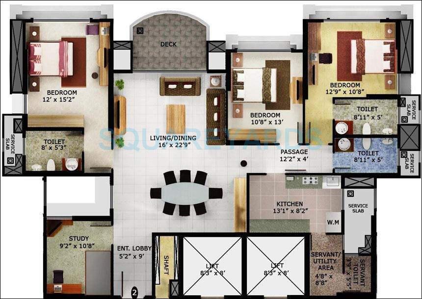 Floor plan of 3 BHK 2300 Sq. Ft. Apartment in Mahindra Lifespaces Eminente, Mumbai