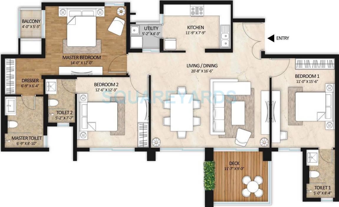 Floor plan of 3 BHK 1800 Sq. Ft. Apartment in Mahindra Lifespaces Gardens, Mumbai