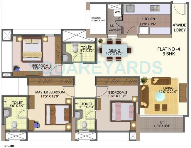 Floor plan of 3 BHK 1957 Sq. Ft. Apartment in Mahindra Lifespaces Great Eastern Links, Mumbai