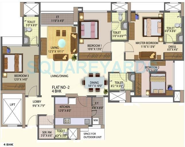 Floor plan of 4 BHK 2489 Sq. Ft. Apartment in Mahindra Lifespaces Great Eastern Links, Mumbai