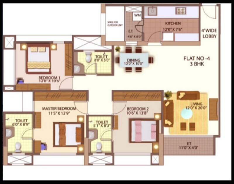 Floor plan of 3 BHK 1946 Sq. Ft. Apartment in Mahindra Lifespaces The Great Eastern Gardens, Mumbai