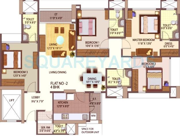 Floor plan of 4 BHK 2481 Sq. Ft. Apartment in Mahindra Lifespaces The Great Eastern Gardens, Mumbai