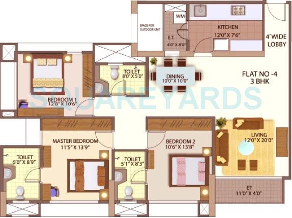Floor plan of 3 BHK 1957 Sq. Ft. Apartment in Mahindra Lifespaces The Great Eastern Gardens, Mumbai