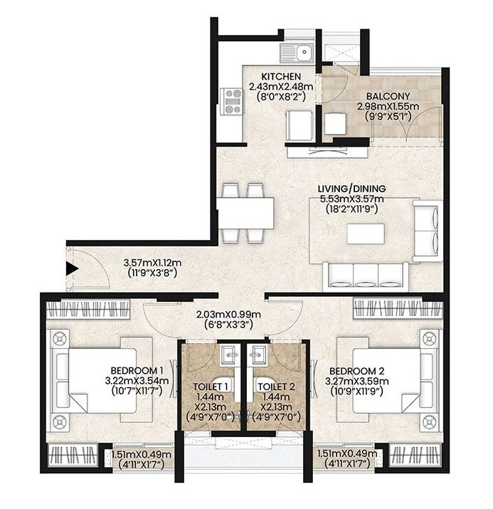 2 BHK 720 Sq. Ft. Apartment