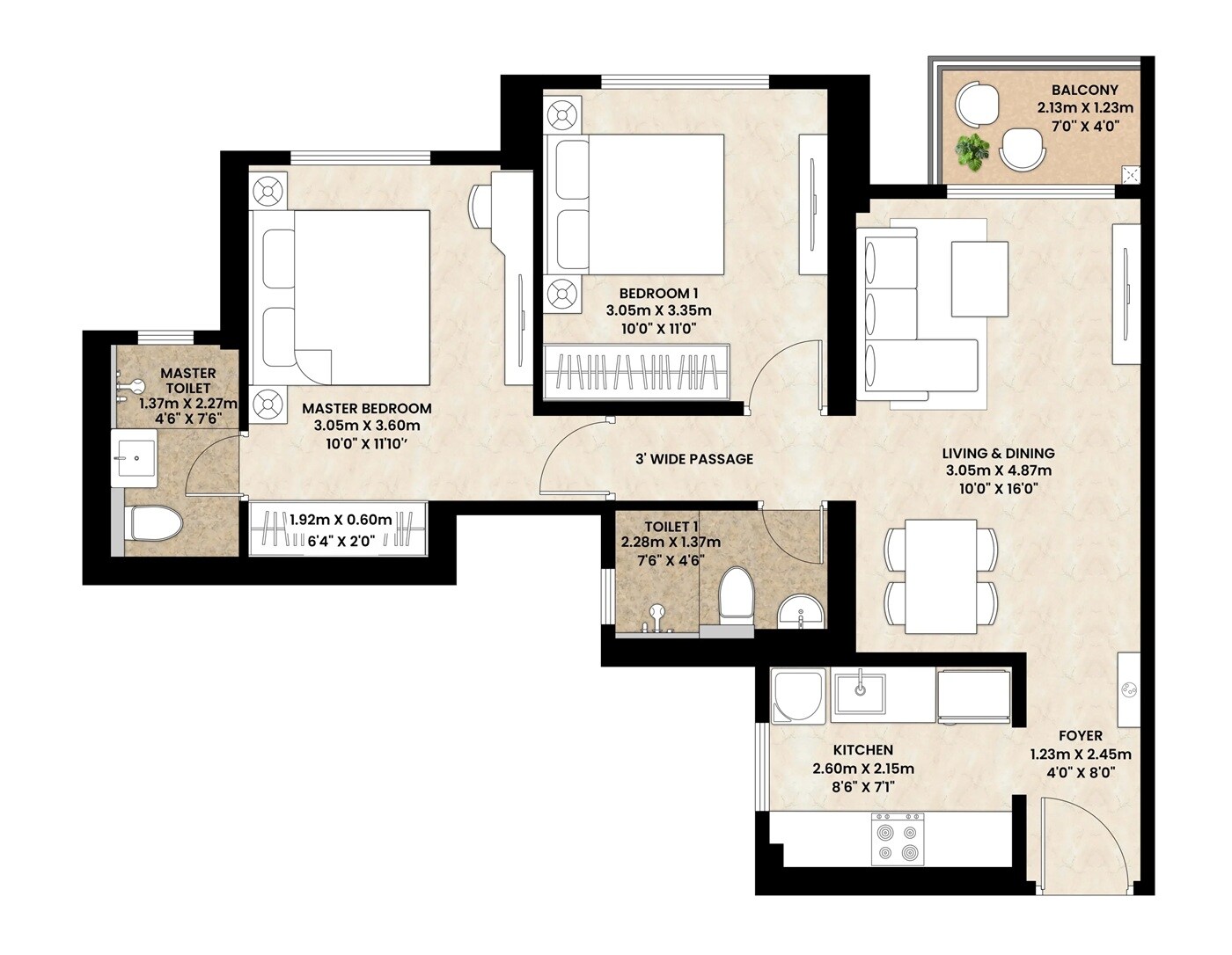 2 BHK 634 Sq. Ft. Apartment