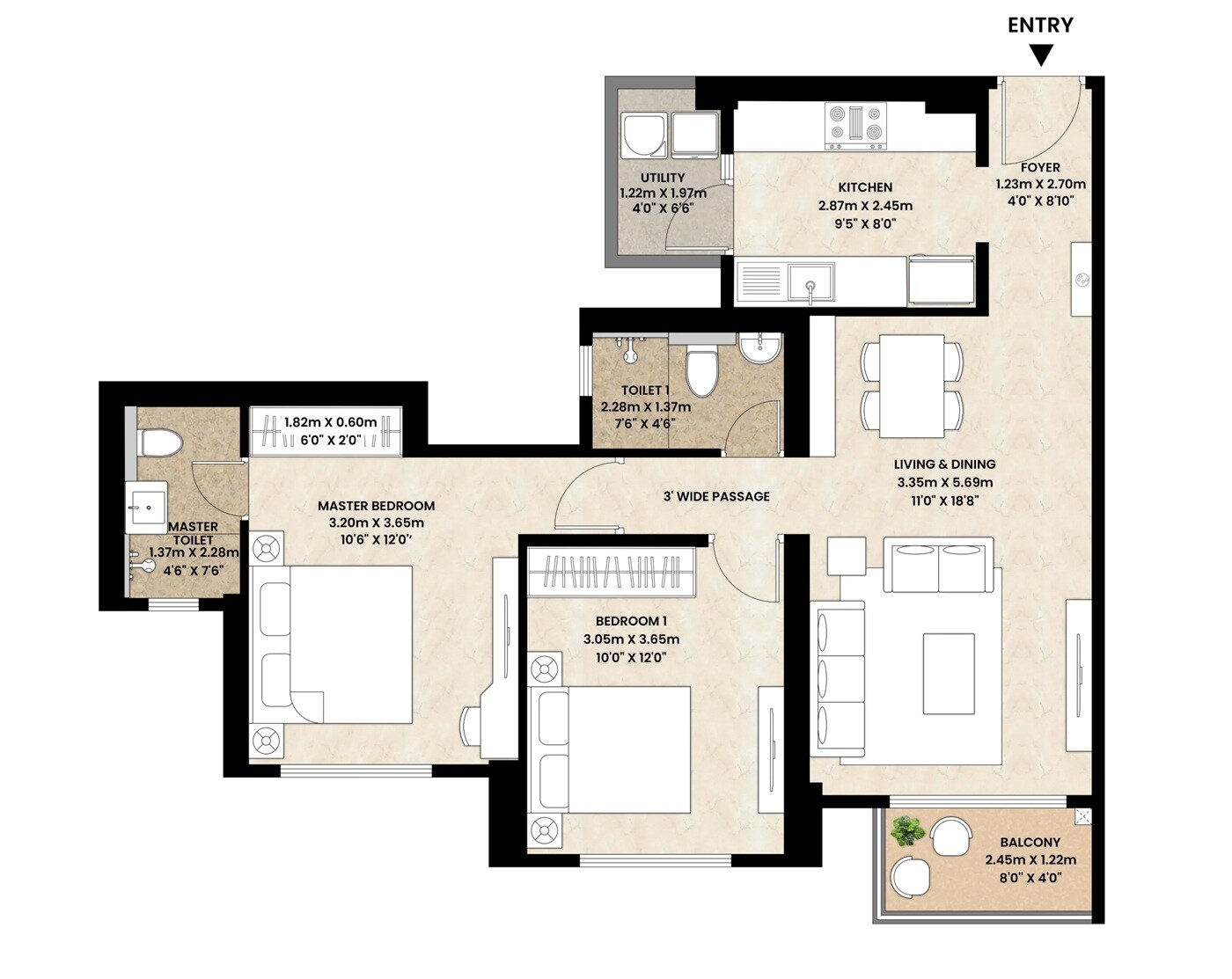 2 BHK 797 Sq. Ft. Apartment