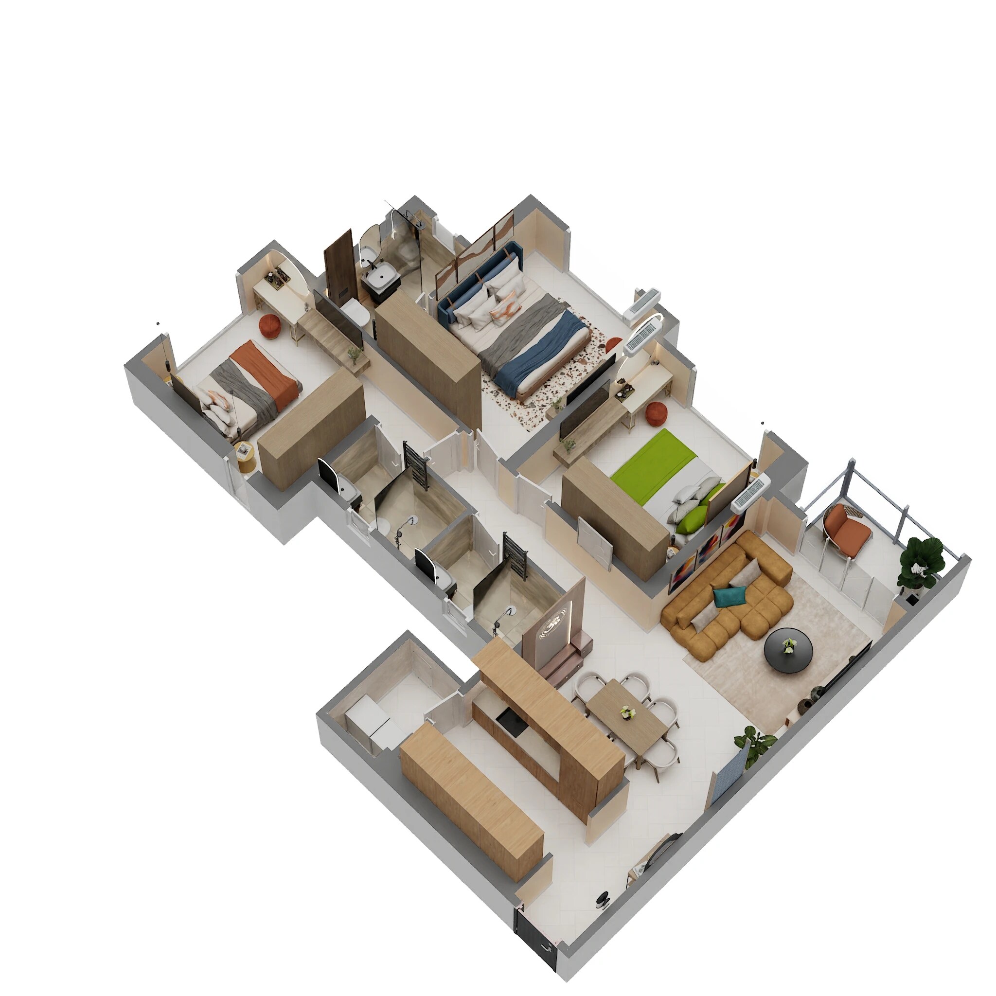 Floor plan of 3 BHK 911 Sq. Ft. Apartment in Mahindra Rainforest, Mumbai