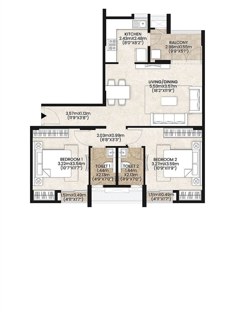 2 BHK 655 Sq. Ft. Apartment