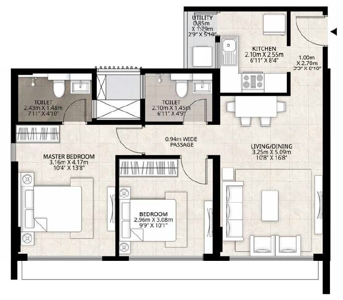 2 BHK 673 Sq. Ft. Apartment