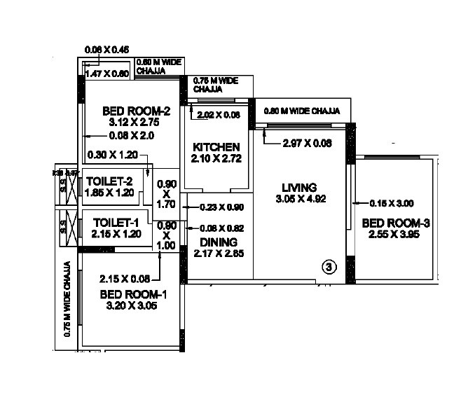 Floor plan of 3 BHK 746 Sq. Ft. Apartment in Maithili Residency, Mumbai