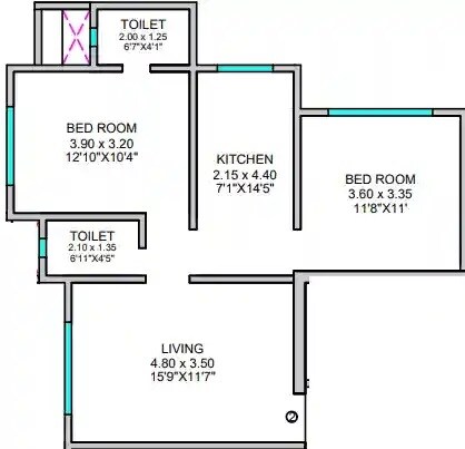 Floor plan of 2 BHK 624 Sq. Ft. Apartment in Maitri And Maitri Jai Swami Krupa, Mumbai