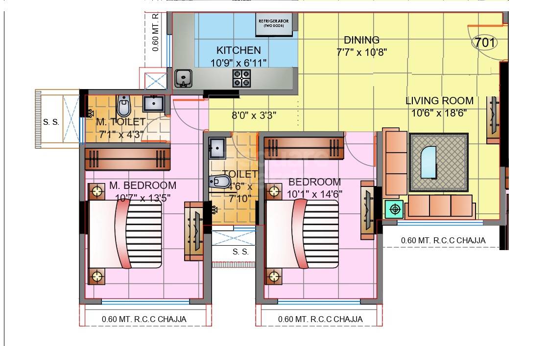 Floor plan of 2 BHK 786 Sq. Ft. Apartment in Majestic Avighna, Mumbai