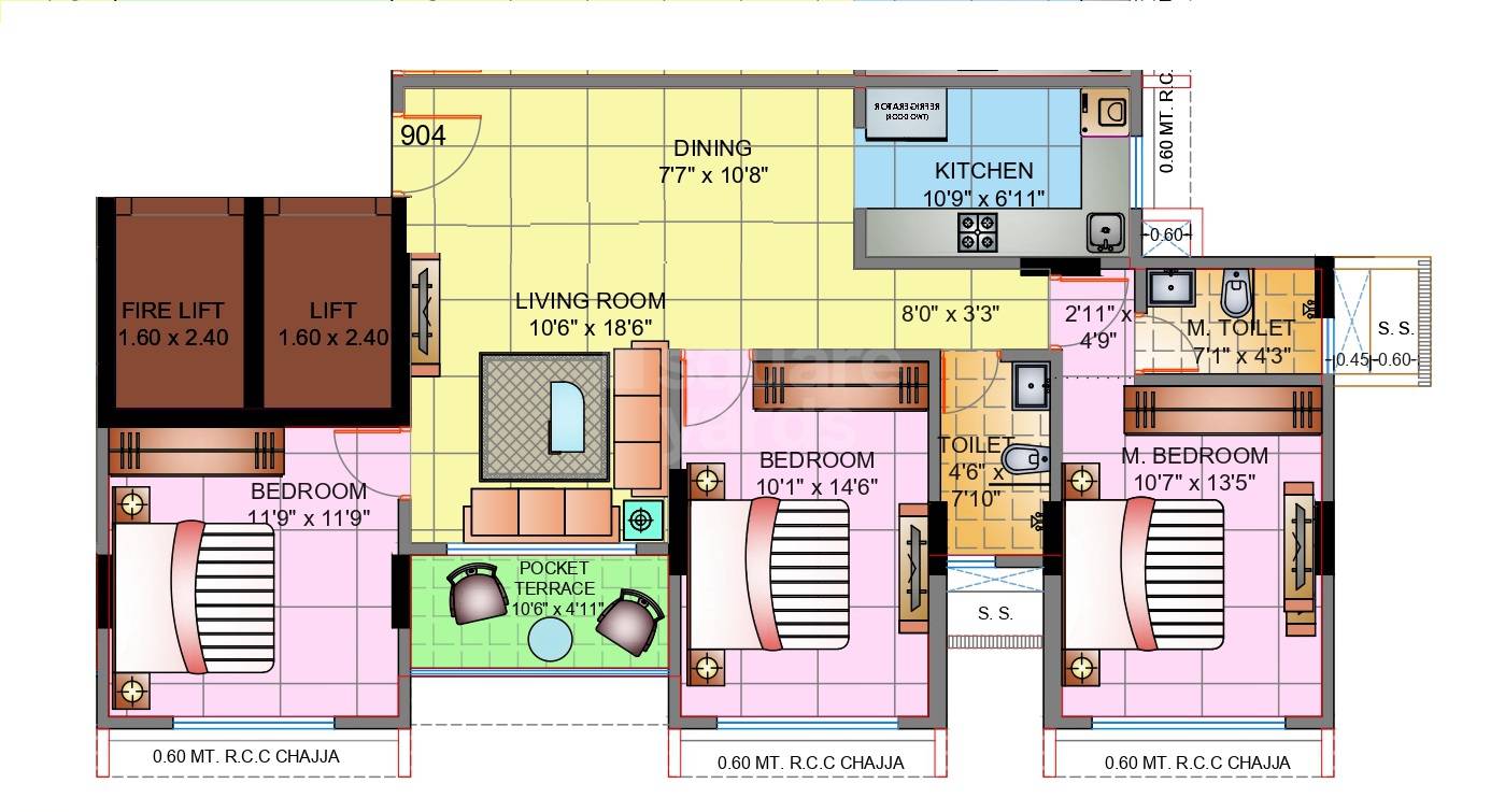 Floor plan of 3 BHK 922 Sq. Ft. Apartment in Majestic Avighna, Mumbai