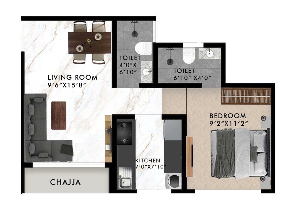Floor plan of 1 BHK 405 Sq. Ft. Apartment in Majestic Parimal, Mumbai