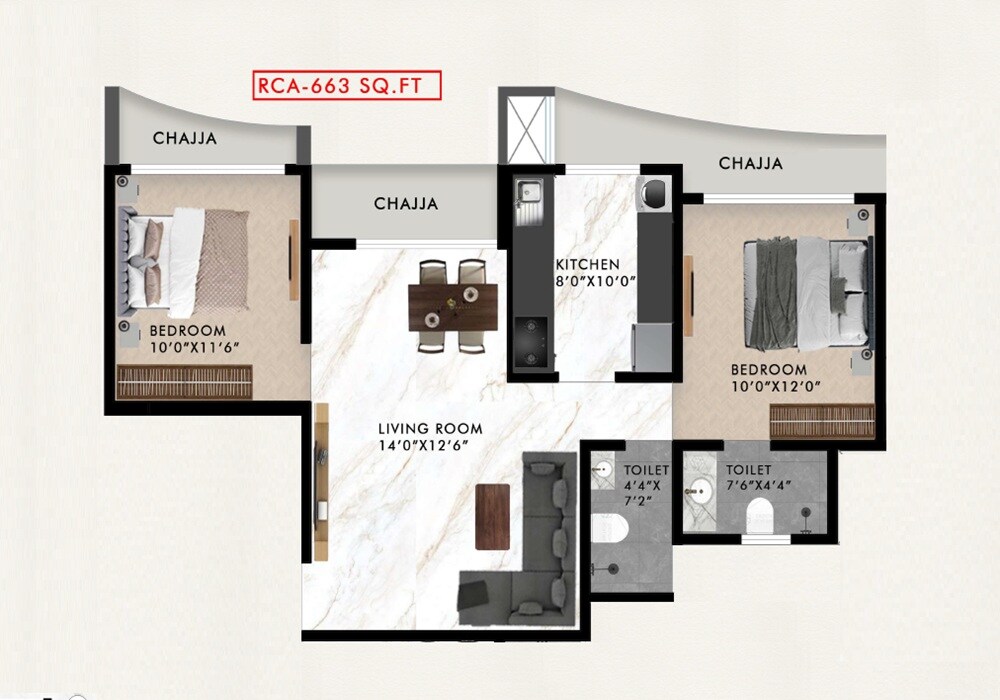 Floor plan of 2 BHK 663 Sq. Ft. Apartment in Majestic Parimal, Mumbai